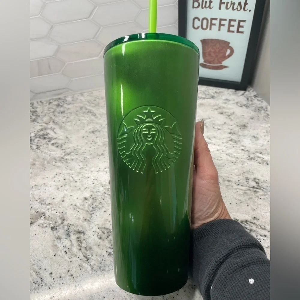 Starbucks Lime 'Green Shine' Holographic Shifting SS Tumbler. NWT.”Cat eye vibe”